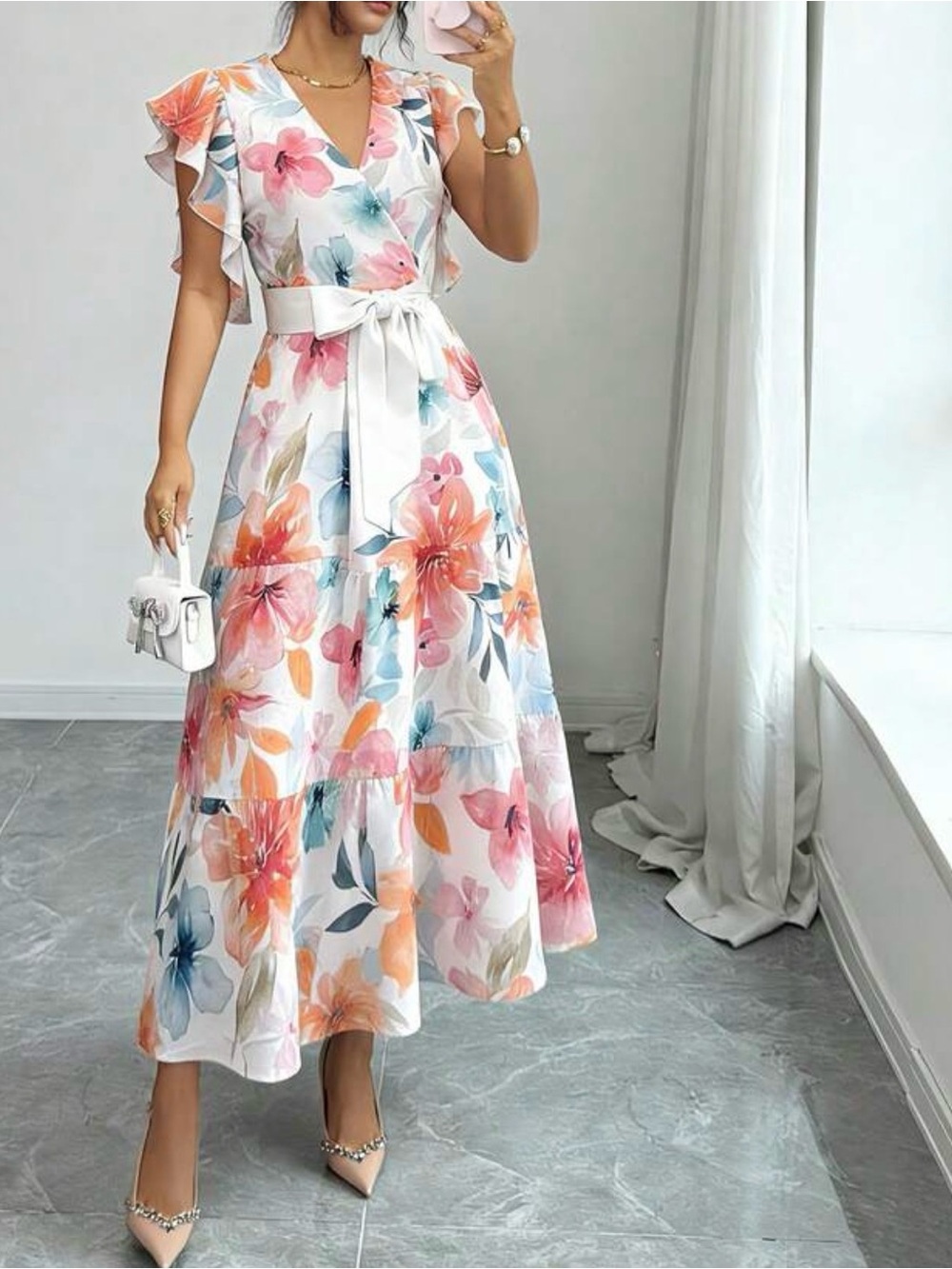 Floral Wrap Maxi Dress with Belt - White Multi